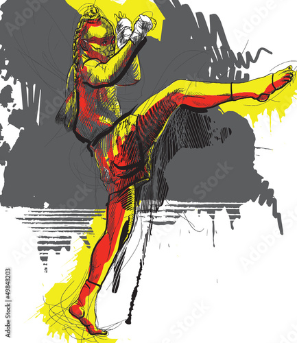 Muay Thai (martial art from Thailand) - hand drawing into vector