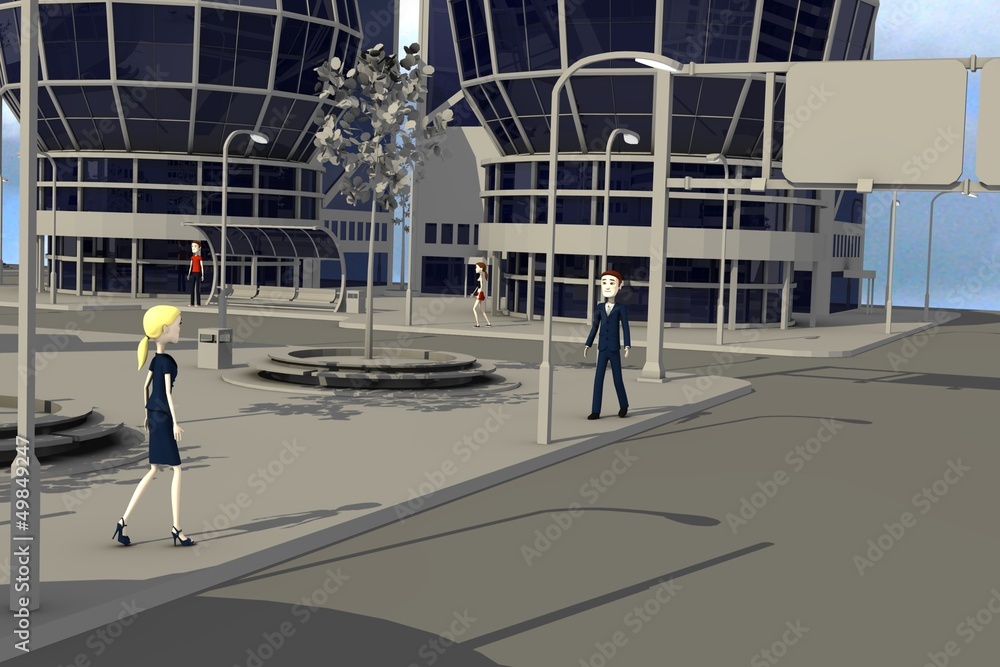 3d render of cartoon characters walking in modern city
