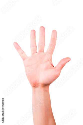 Male hand showing number five, palm
