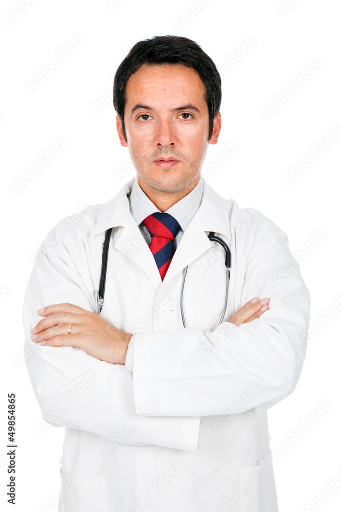 Doctor standing with stethoscope on white background Doctor standing with stethoscope on white background