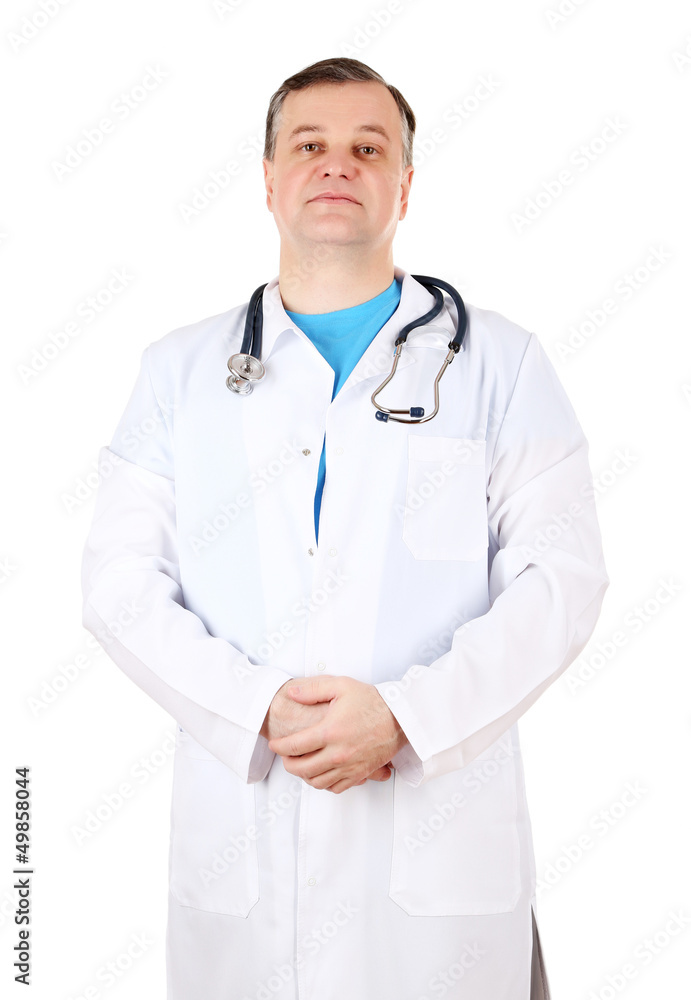 Medical doctor with stethoscope isolated on white Medical doctor with stethoscope isolated on white