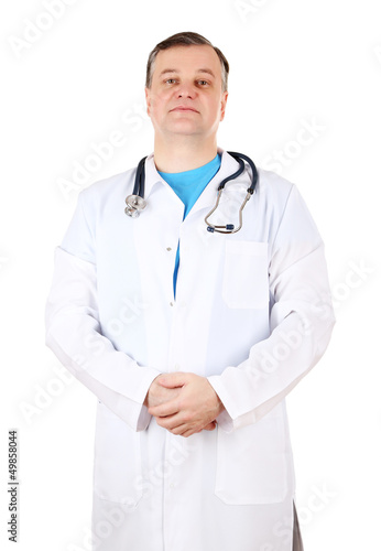 Medical doctor with stethoscope isolated on white