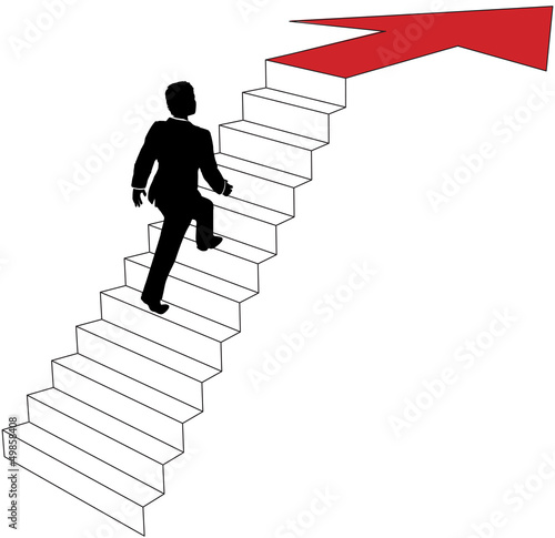 Business man climbs up arrow stairs