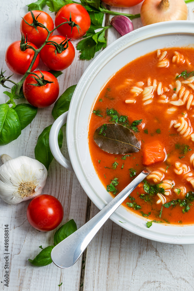 Tomato soup and fresh ingredients Tomato soup and fresh ingredients