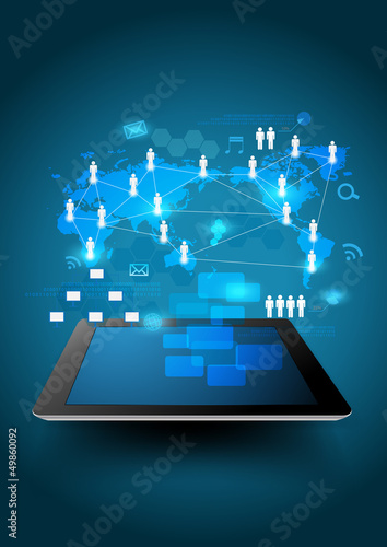 Vector virtual business network process diagram on tablet PC