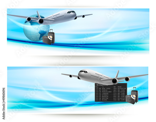 Two travel banners with with airplane on blue sky.