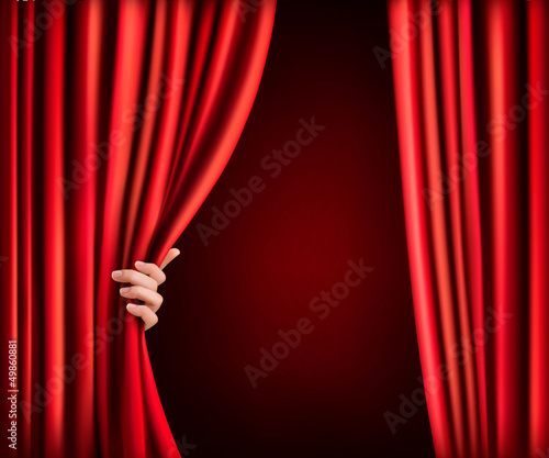 Background with red velvet curtain and hand. Vector illustration