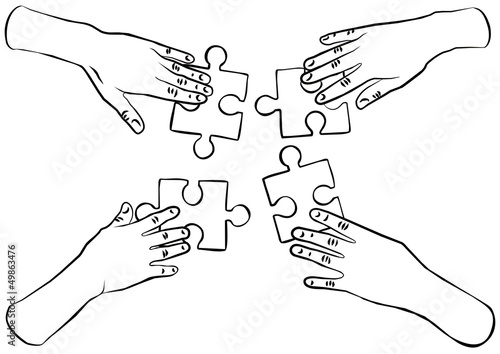 cztery ręce układanka puzzle ilustracja czarno biała