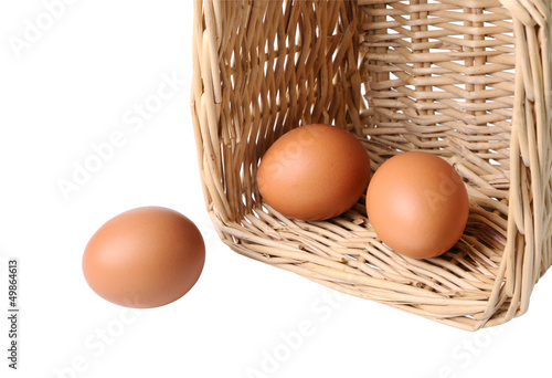 Three eggs in a basket closeup