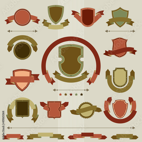 Vintage heraldry shields and ribbons retro style set.