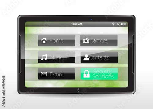 Tablet concept with a "Security Solutions" button