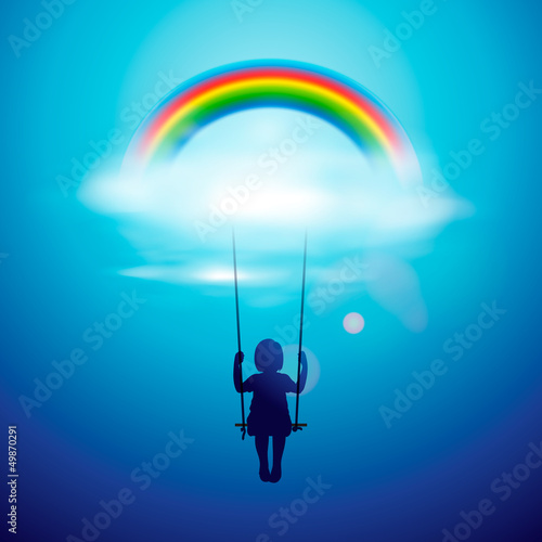 Little girl on swing under rainbow, vector Eps 10 illustration.