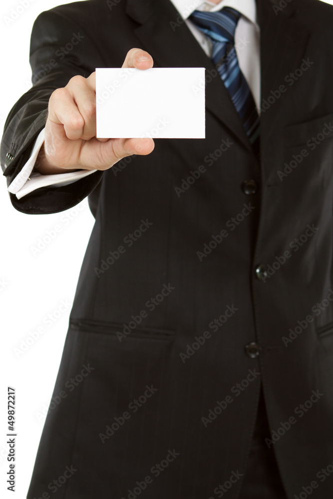 Business man holding blank business card isolated on white Business man holding blank business card isolated on white