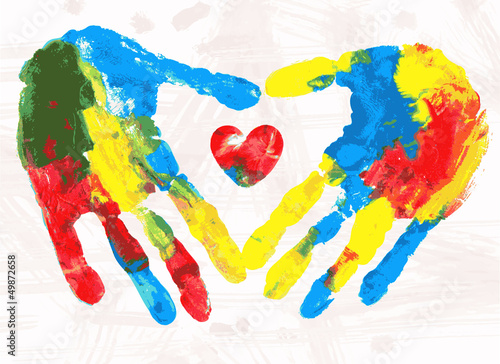 Heart in hands print, vector colorful grunge illustration