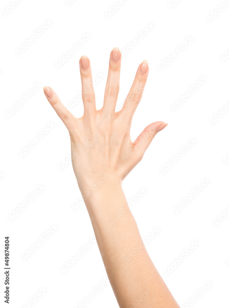 Manicured female hand gesture number five fingers up Manicured female hand gesture number five fingers up