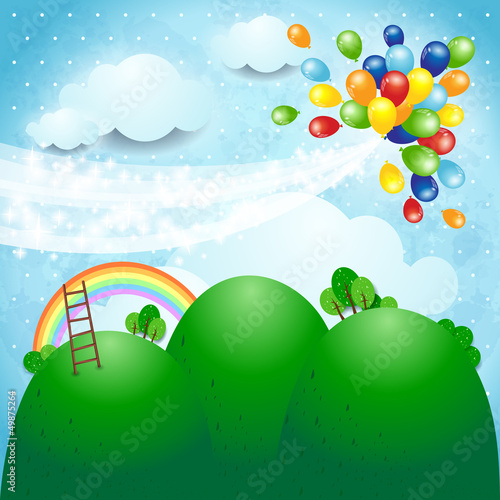 Fantasy landscape with balloons