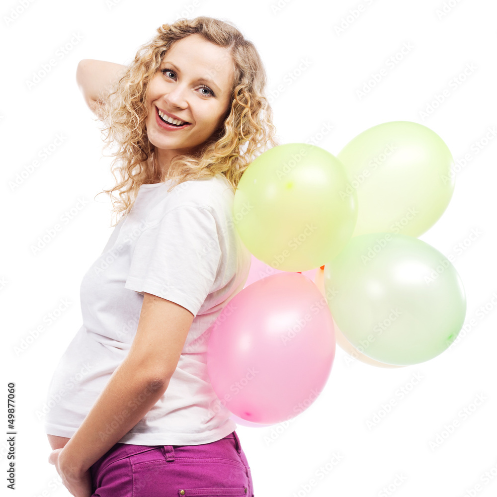 Happy beautiful pregnant woman with colorful balloons Happy beautiful pregnant woman with colorful balloons