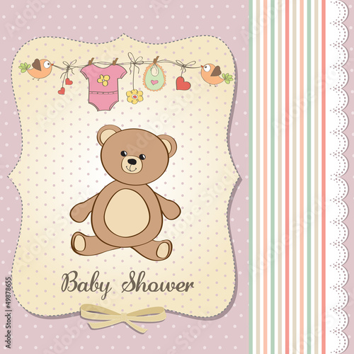 romantic baby girl announcement card with teddy bear