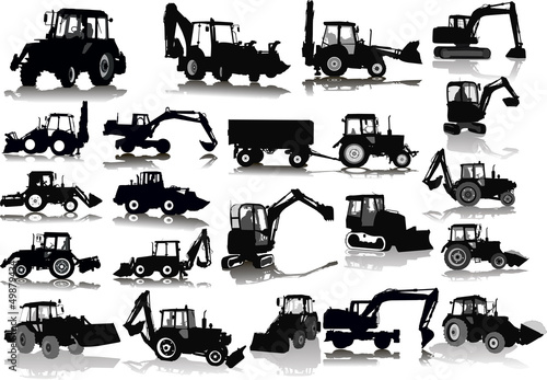 Set of 21 silhouettes of a tractors of road service