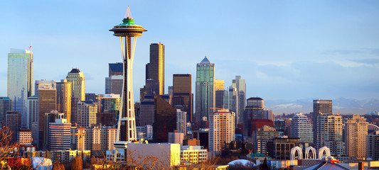 Seattle skyline panorama at sunset, WA, USA