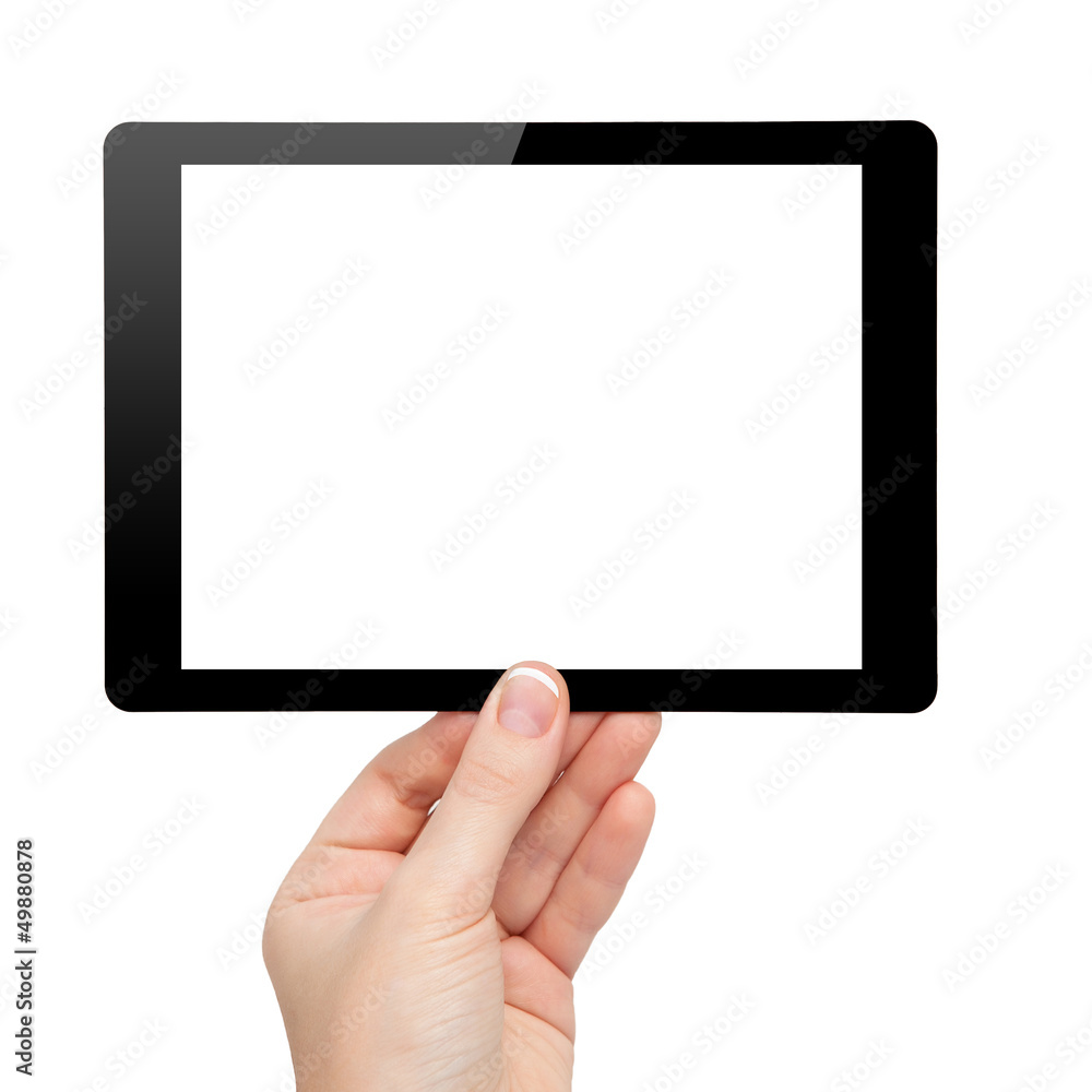 woman hand hold a mini tablet with isolated screen