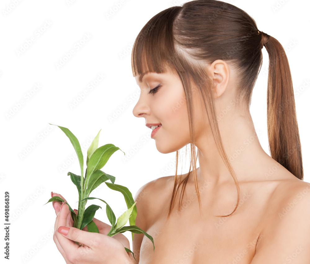 woman with green sprout woman with green sprout