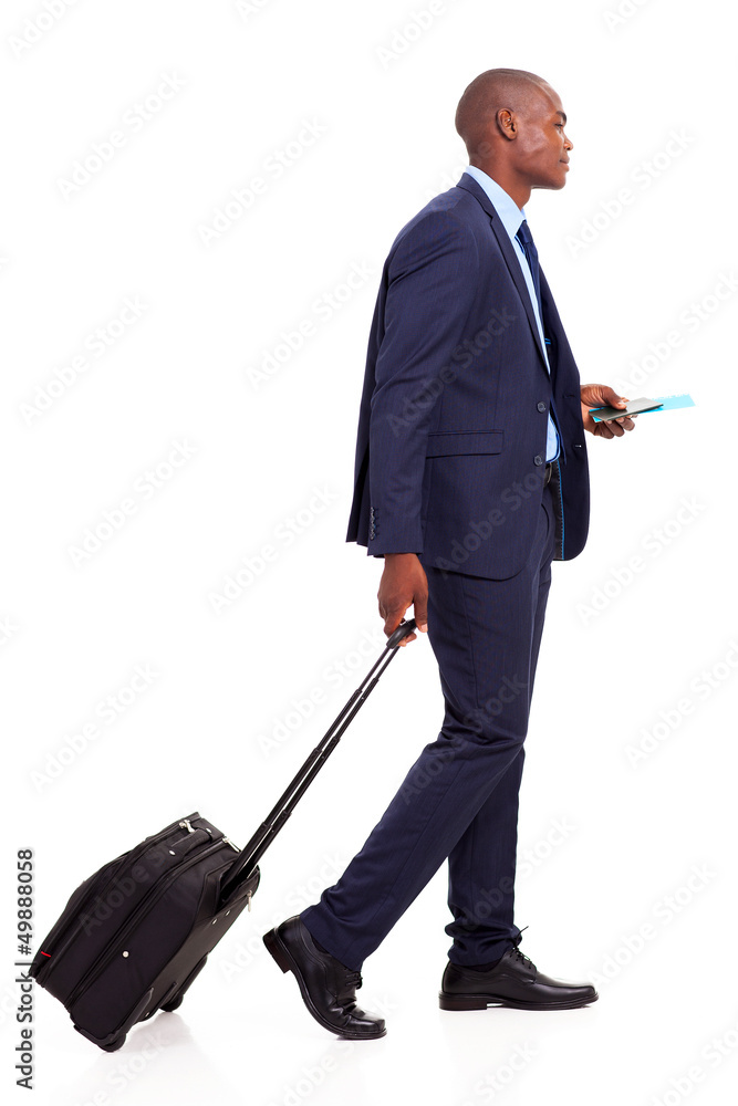 african american businessman walking with trolley bag on white african american businessman walking with trolley bag on white