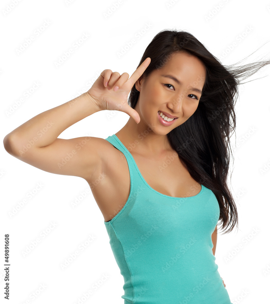 Asian woman with finger gesture Asian woman with finger gesture