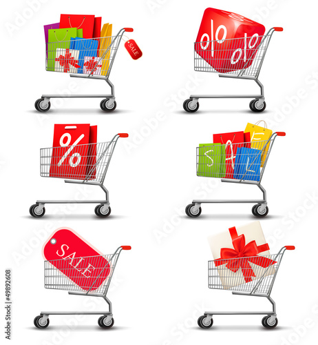 Collection of shopping carts full of shopping bags and gift boxe