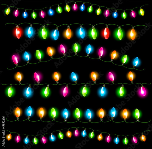Strings of holiday lights on black background. Vector illustrati