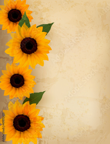 Fototapeta Naklejka Na Ścianę i Meble -  Retro background with yellow flowers. Vector