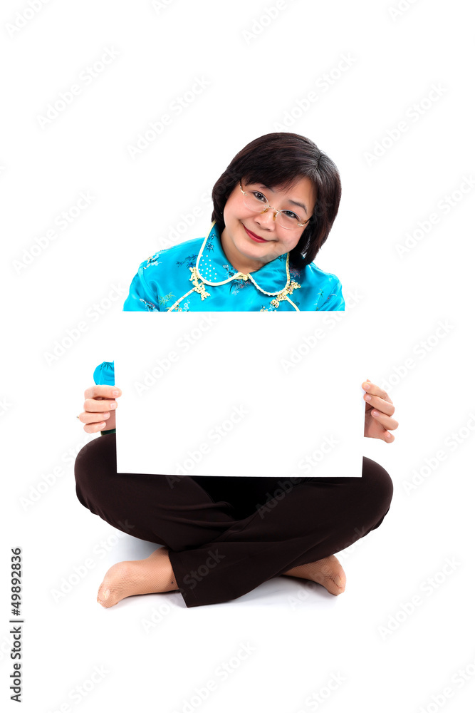 Chinese Woman holding blank white board, on white background Chinese Woman holding blank white board, on white background