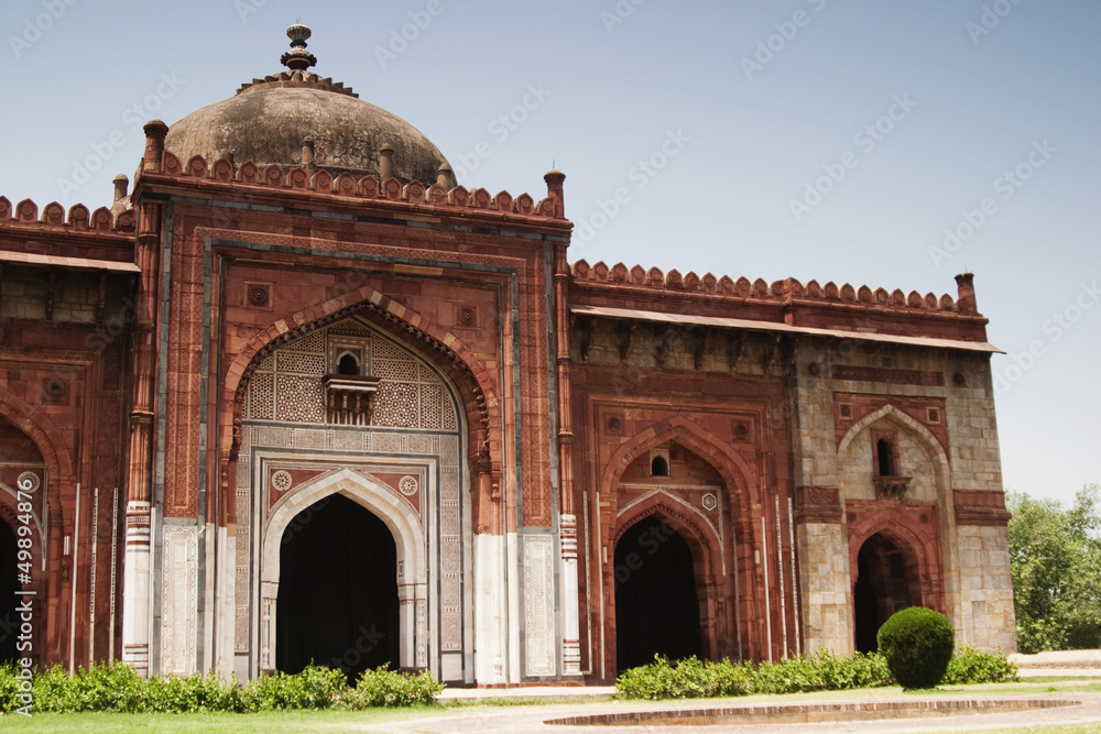 Facade of a mosque in a fort, Old Fort, Delhi, India