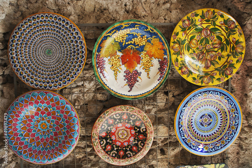 Decorative plates hanging at a market stall, Amalfi, Province Of Salerno, Campania, Italy