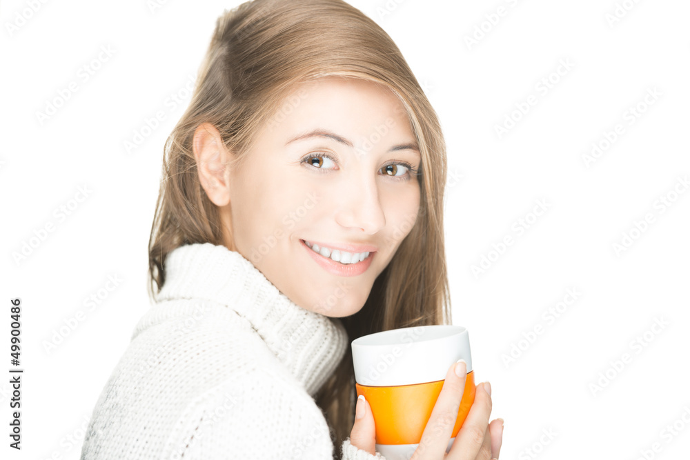 Pretty young woman with mug on white background. Pretty young woman with mug on white background.