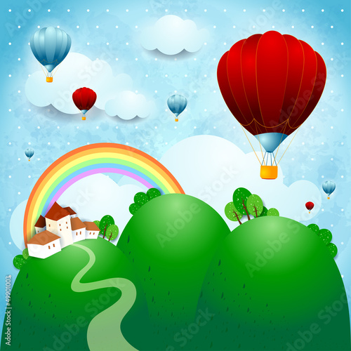 Fantasy landscape with country and balloons