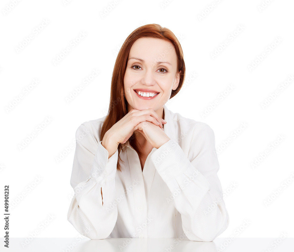 Happy business woman smiling to you, isolated on white. Happy business woman smiling to you, isolated on white.
