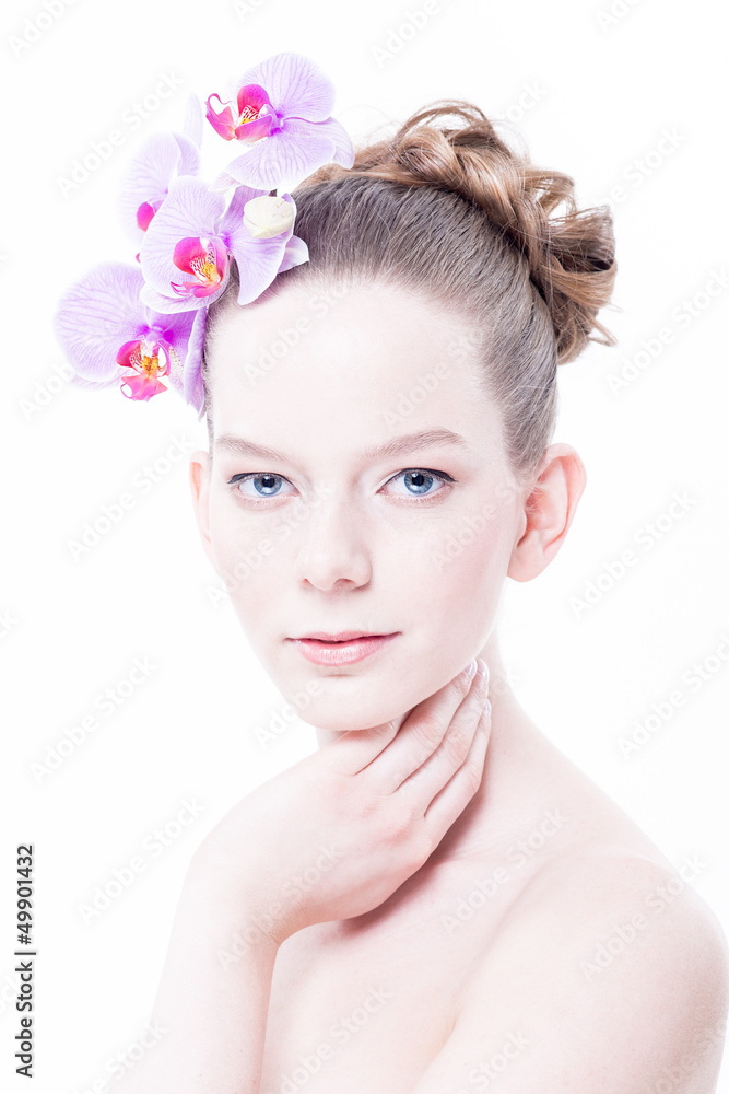 Spring Beauty - Beautiful Girl With Orchid Flowers Spring Beauty - Beautiful Girl With Orchid Flowers