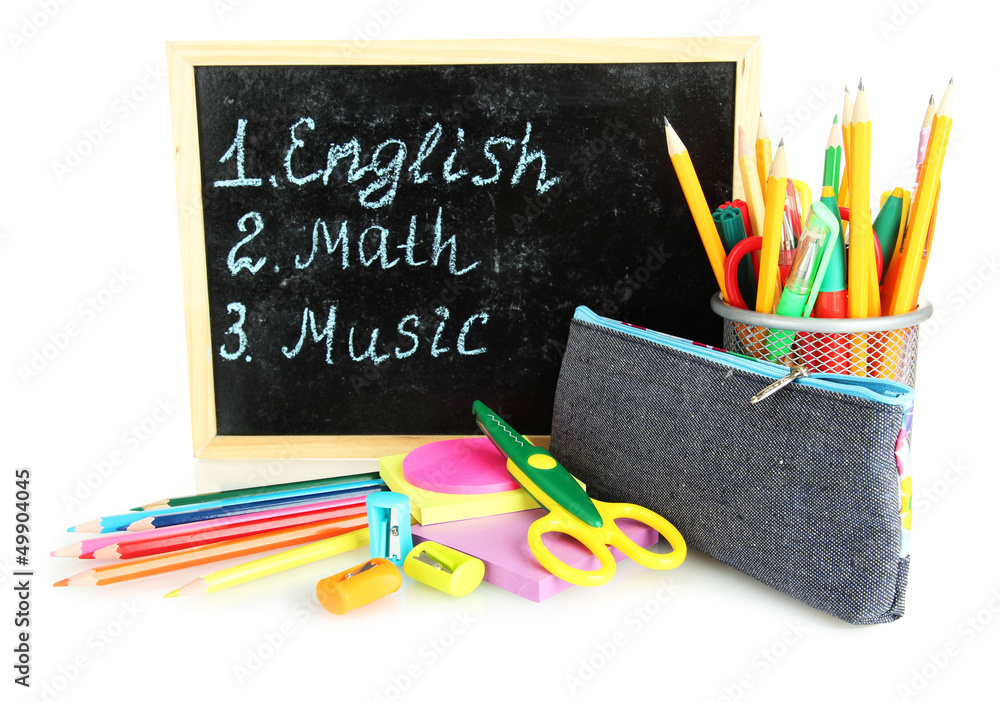Fototapeta premium pencil box with school equipment and timetable isolated on
