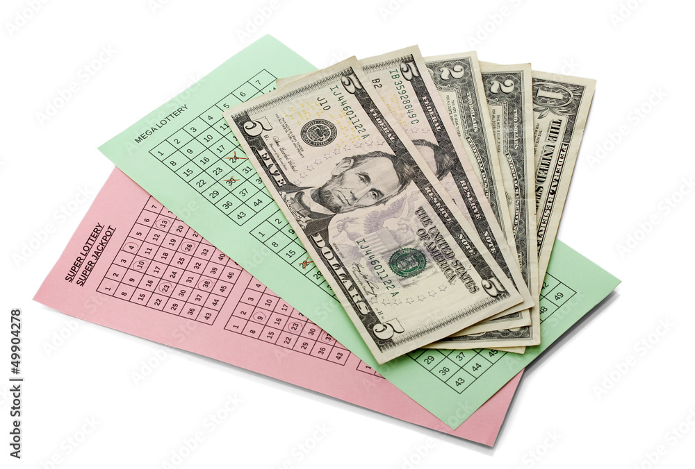Lottery tickets and money, isolated on white Lottery tickets and money, isolated on white
