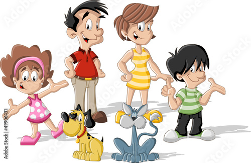 Colorful cute happy cartoon family