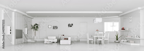 Modern weiss apartment interior panorama 3d render