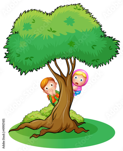 Kids hiding at the big tree