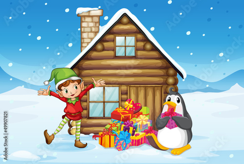 A wooden house with an elf and a penguin