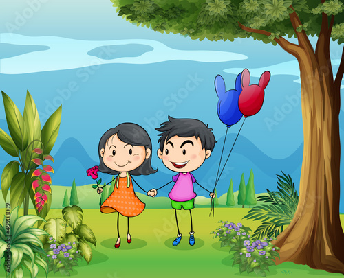 A girl and a boy dating in the garden