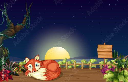 A fox inside the wooden fence with a wooden signboard