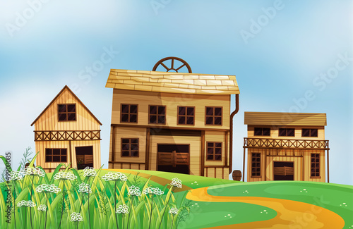 Three different styles of wooden houses