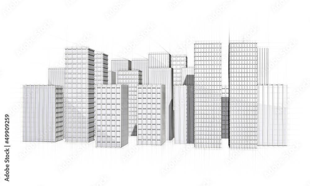 architectural drawing of city with skyscraper