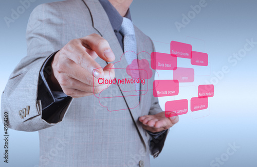 Businessman hand touch a Cloud Computing diagram on the new comp