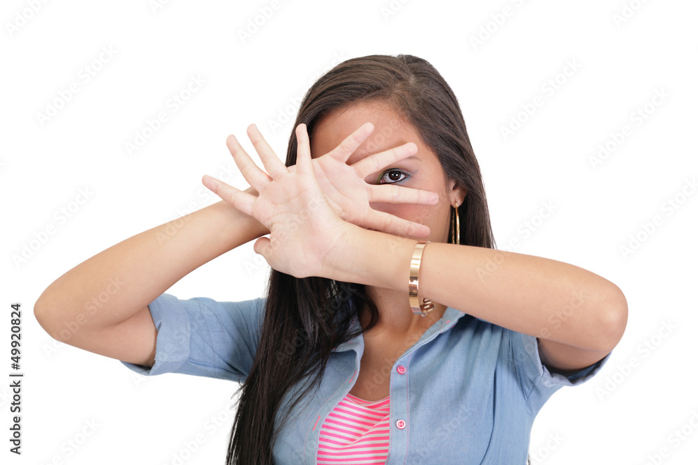 Confident woman making stop gesture sing with hand Confident woman making stop gesture sing with hand